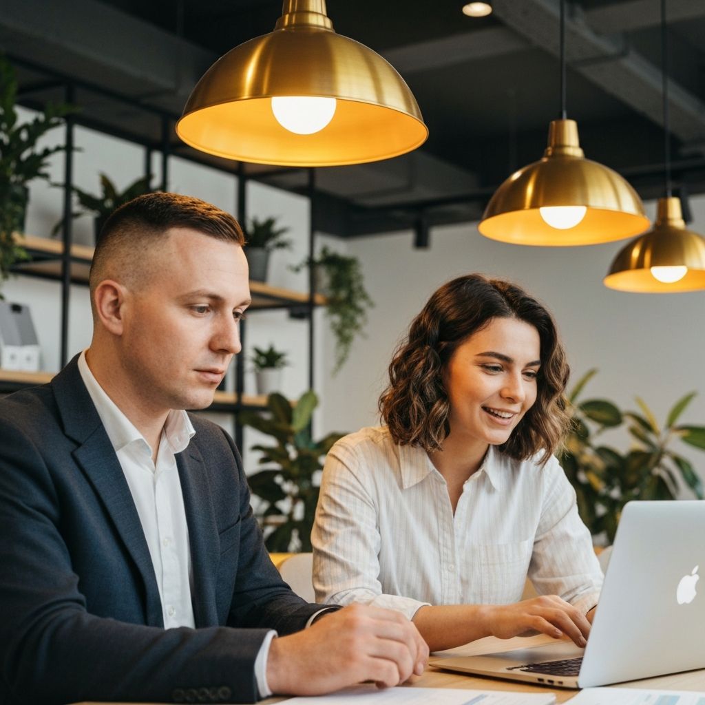 Equipo de emprendedores colaborando en un espacio de coworking moderno